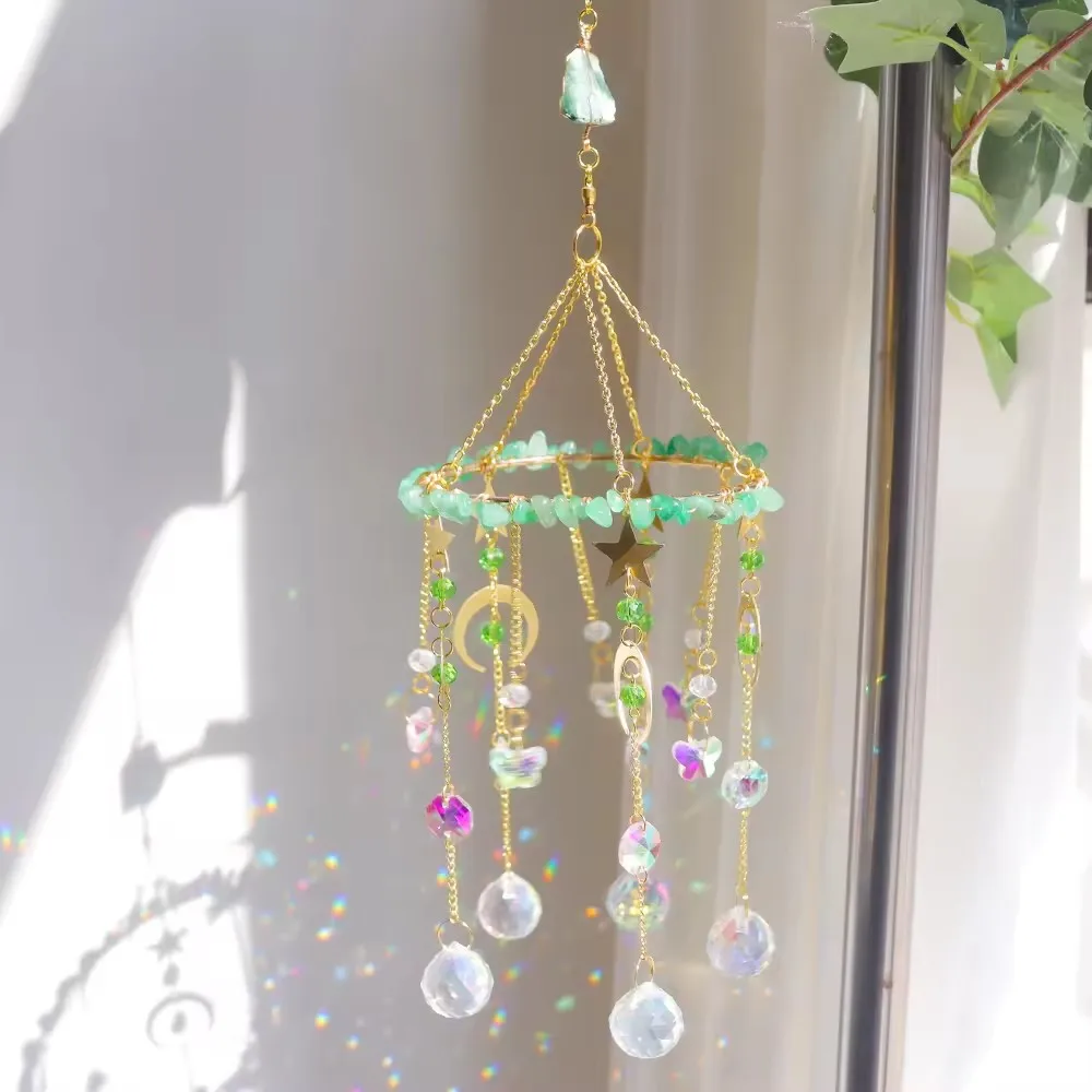 Custom Raw Stone Top Star Moon Shape Green Aventurine Crystal Chip Sun Catcher - Glass Pendant Hanging Ornament for Window Decor