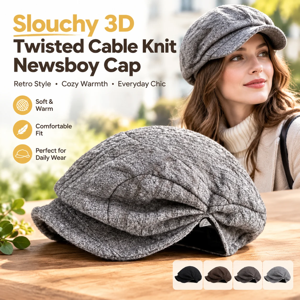 Slouchy 3D Twisted Cable Knit Newsboy Cap Retro Woolen Hat Soft Warm Casual Streetwear for Ladies Outdoor Stroll Daily Wear