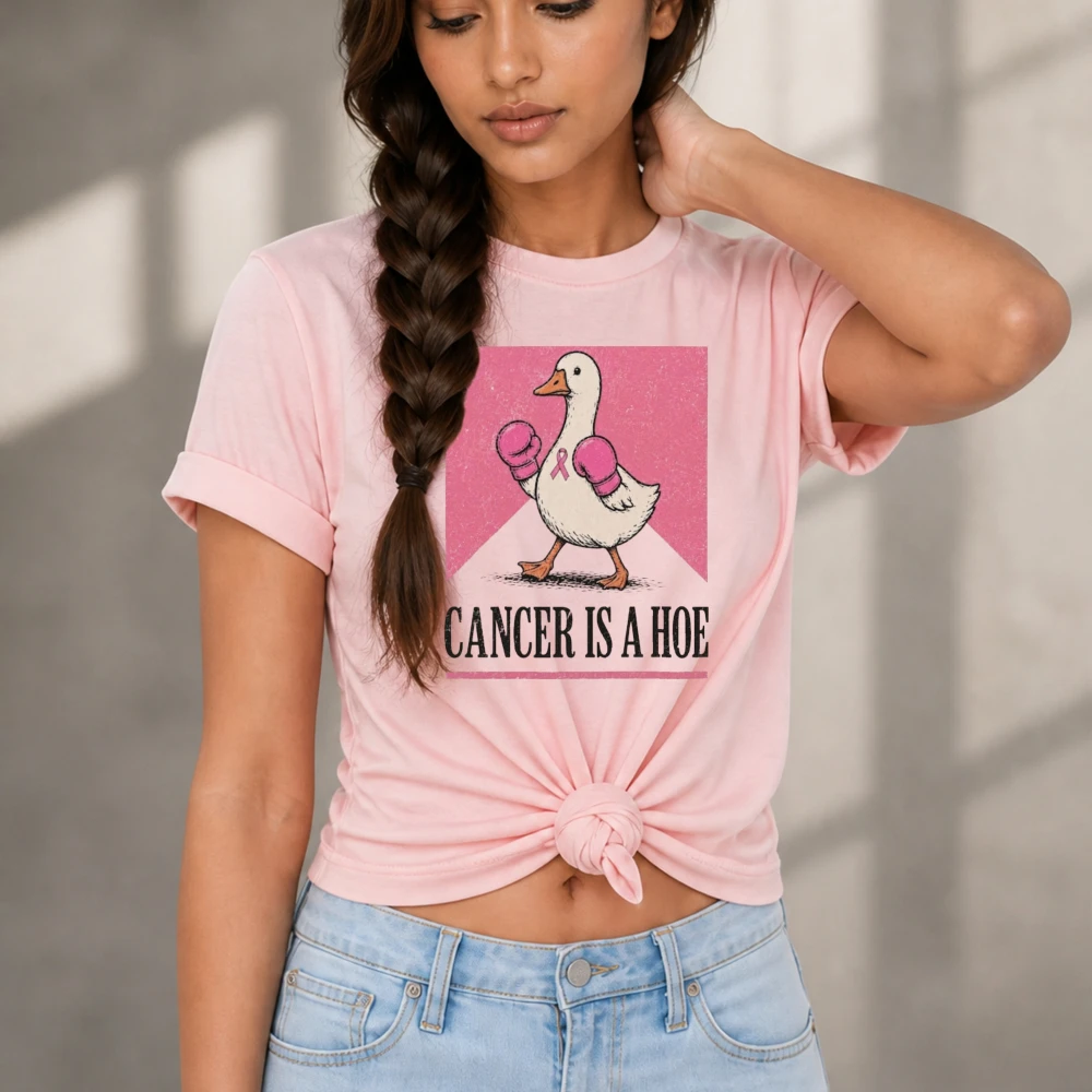 Boxing Duck Cancer Is A Hoe Pink Ribbon T-Shirt Breast Cancer Awareness Funny Cartoon Graphic Tee Women Casual Short Sleeve Tees