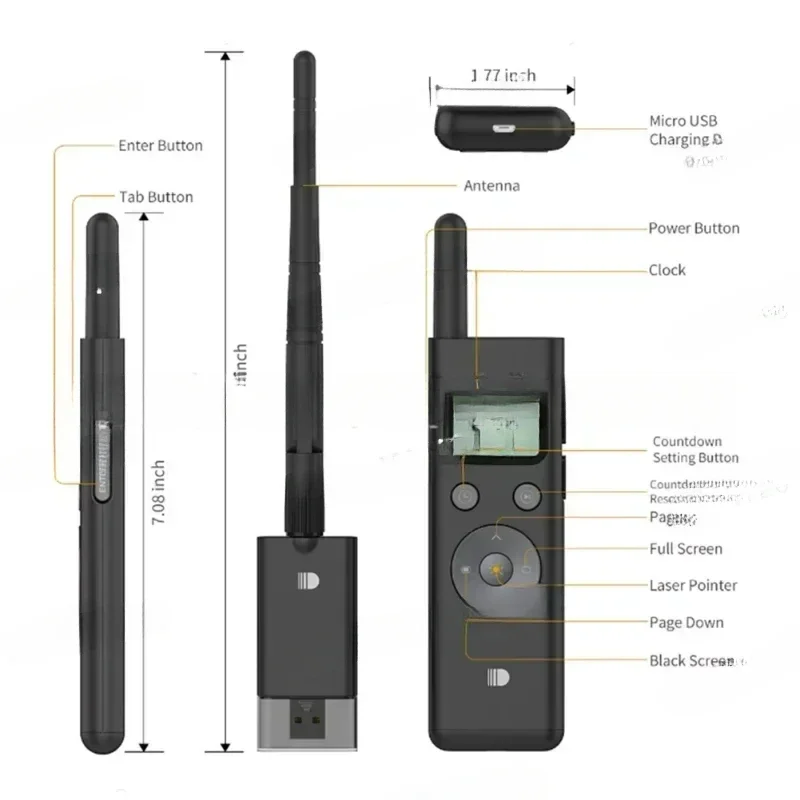 Prestazione Powerpoint wireless Puntatore PPT Clicker Presentatore Display LCD Luce verde Telecomando RF Distanza 300M