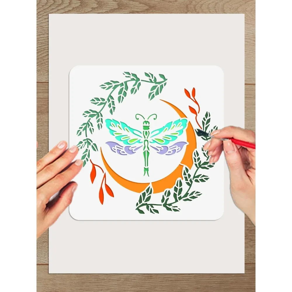 1 Plantilla de Libélula, Hoja y Luna de PET con Diseño Hueco para Dibujo y Pintura, para Tarjetas de Felicitación, Álbumes de Recortes DIY y Pintura de Álbumes de Fotos