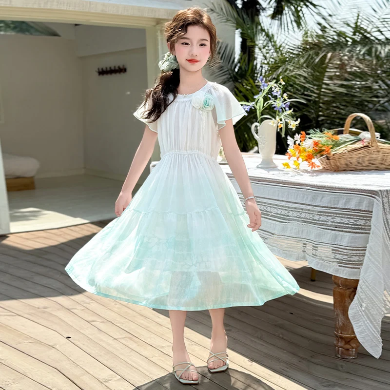 2025 New Summer Girls' Dress Short Sleeve Children's Chiffon Color Changing Princess Dress Student Holiday Beach Long Dress