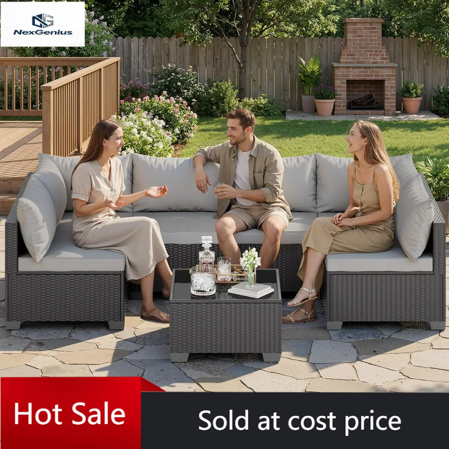 

Комплект садовой мебели из 7 предметов: секционный диван из ротанга с подушками и стеклянным столиком для бесед на открытом воздухе