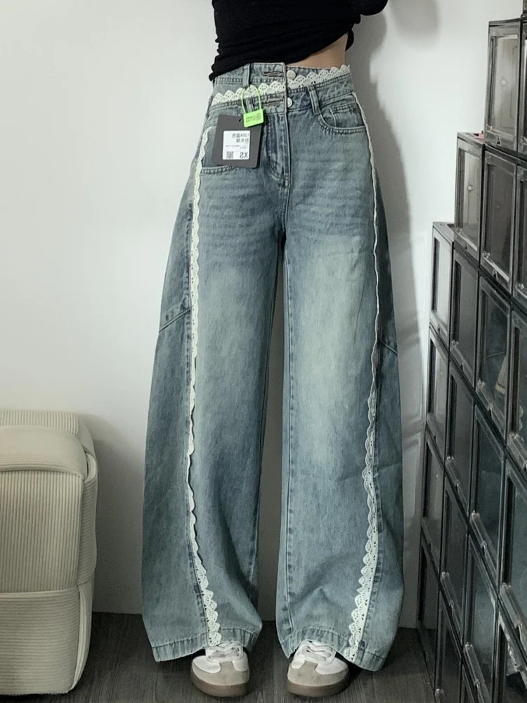 

High Waist Loose Wide Leg Jeans Women's Design Sense Long Version Lace Trim Light Blue Denim Straight Leg Pants Casual Sle