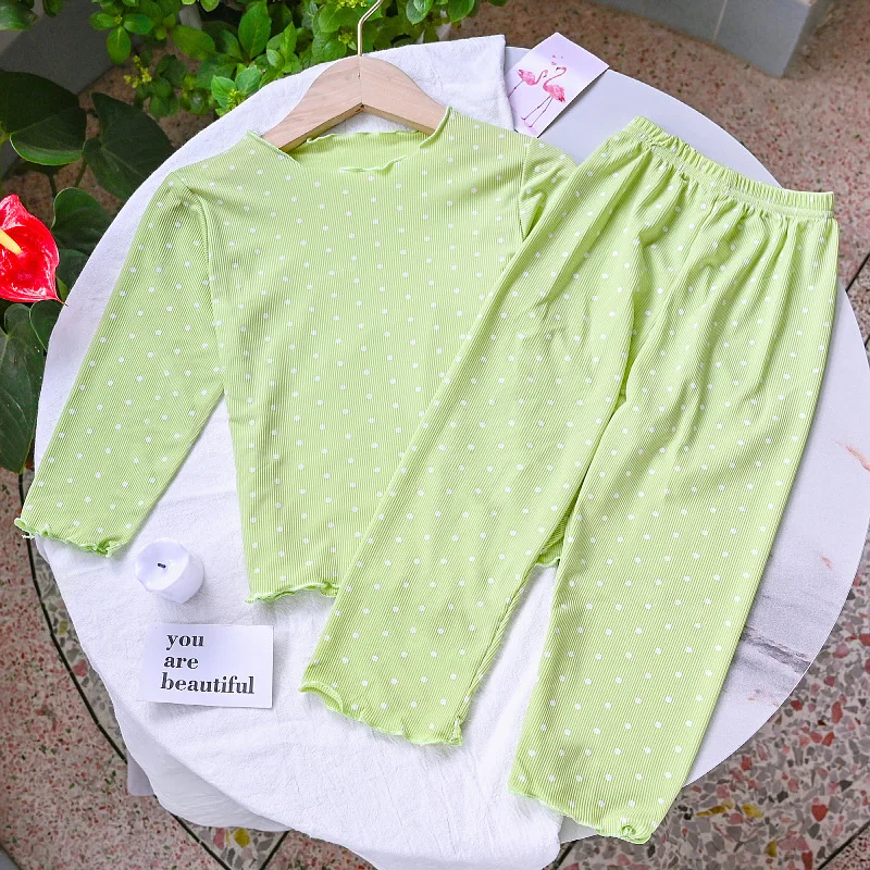 Pijama infantil estilo bolinhas, conjunto de duas peças de verão feminino, roupa infantil em casa, roupa com ar condicionado, 2024