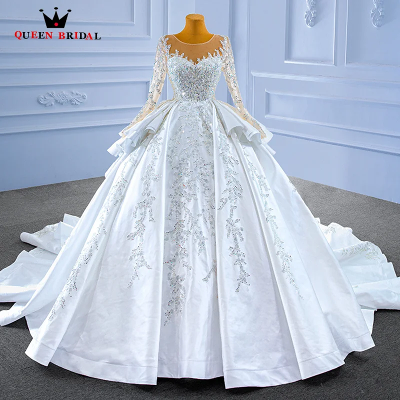 

Luxury Wedding Dresses 2023 Illusion O-Neck Long Sleeves Brides Dresses Satin Sequined Beading Pearls Ball Gown Custom XX57