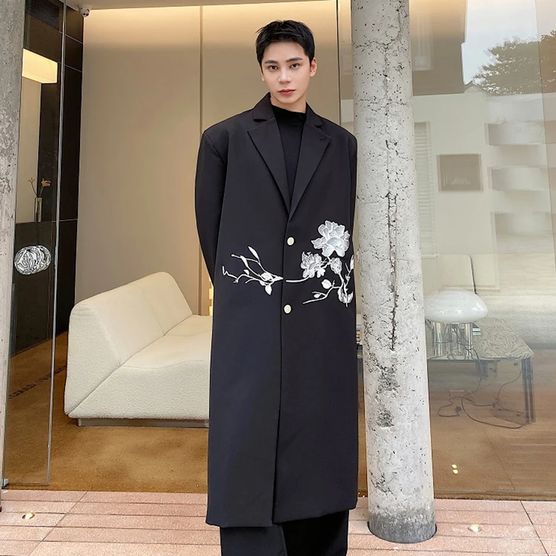 IEFB Men Overcoat Autumn Winter New Chinese Embroidery Long Coat Trend Knee High Trench Casual Male Printing Windbreaker 9C1927