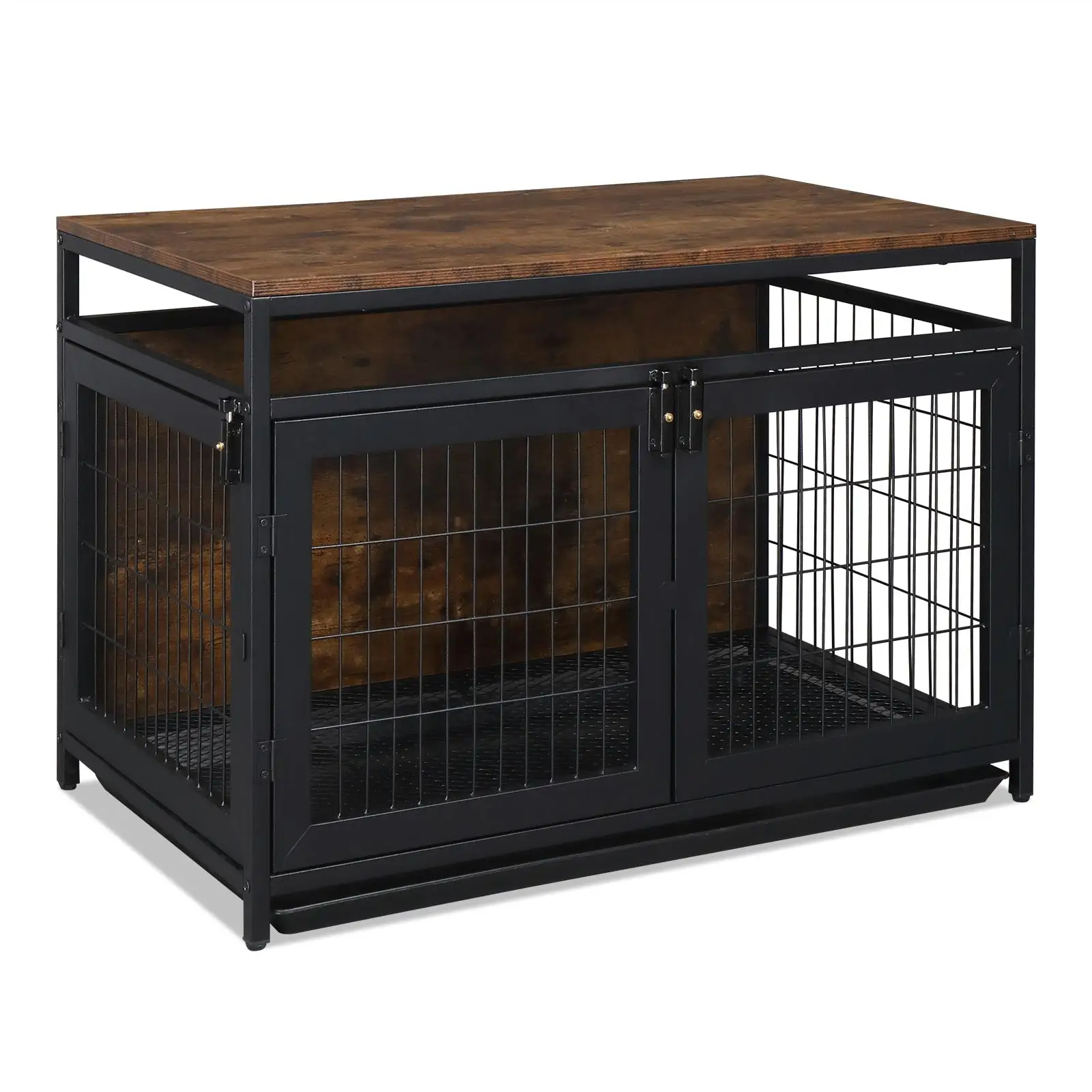 37.4 Rustic Brown Dog Cage Furniture - Sturdy Crate for small /Medium Dogs, 3 Doors & Locks, Anti-Chew, Indoor End Table