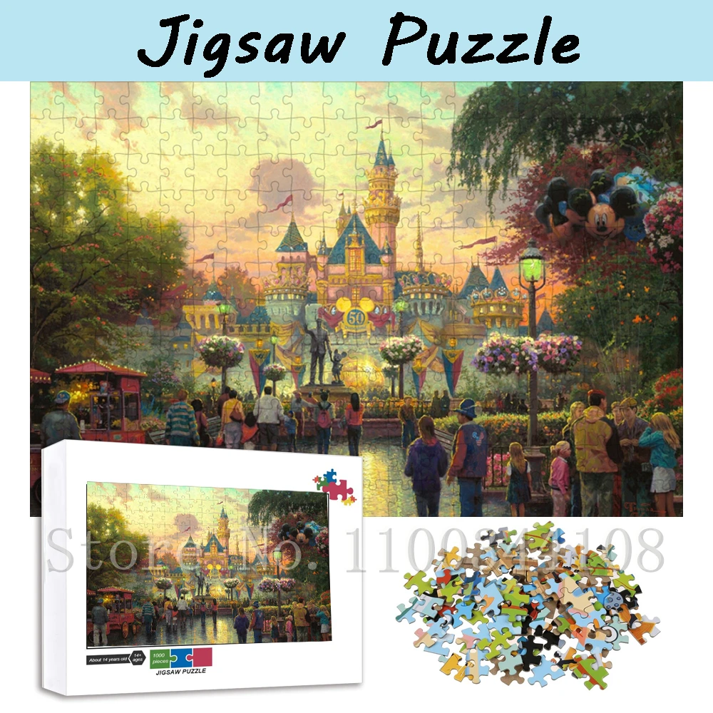 300/500/1000 PCS Disney Anniversary Jigsaw Puzzles Disneyland Scenery Paper Puzzles Parent-Child Interactive Assemble Game Toys