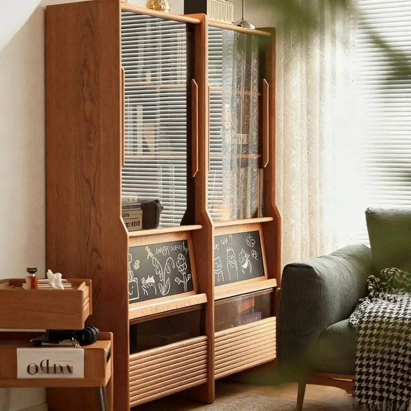 Nordic Solid Wood Bookcase with Glass Door Japanese Style Storage Cabinet Display Shelf Cherry Wood Study Bookshelf Locker