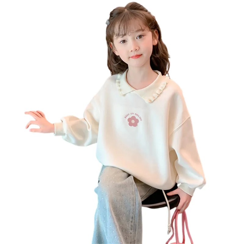 Girls' Simple Flower Wave Turtleneck Sweater Spring New Year Korean Style Children's Long Sleeved Clothes Casual Top