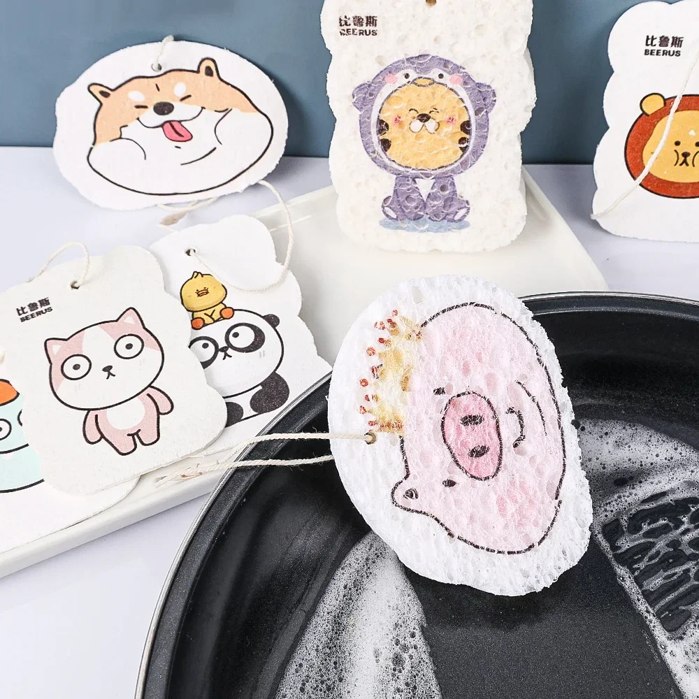 5/1pcs Dishwashing Sponge Wipe Cartoon Scouring Pad Cute Compressed Wood Pulp Cotton Kitchen Pot Dish Brush Cleaning Accessories