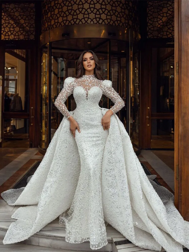 

Luxury Wedding Dresses Long Sleeves V Neck Sequins Pearls Beaded Appliques Lace Detachable Train Bridal Gowns Vestina De Novia