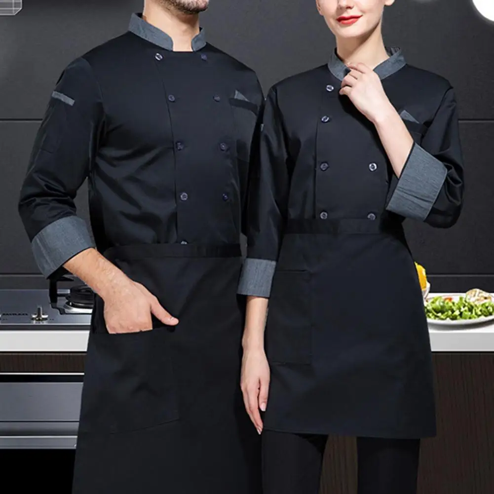 Chef Shirt Professional Double-breasted Chef Jacket with Stand Collar Pocket Design Long Sleeve Uniform Coat for Restaurant