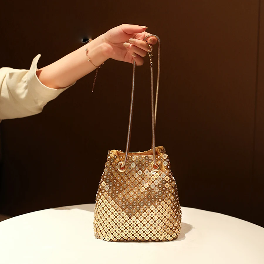 Summer women\'s full diamond bucket bag chains single shoulder crossbody bags party dinner bag drawstring beading female handbags