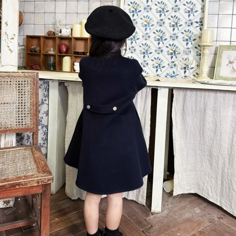 Winter New Wool Double-sided Cashmere Handmade Girls Coat Dark Blue Cross-neck Skirt Jacket Kids Boutique Quality Jacket