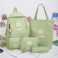 4pcs/Set School Bags Preppy Style Daisy Print Backpacks Canvas Solid Color Women Backpack Female Teen Student Schoolbag Rucksack