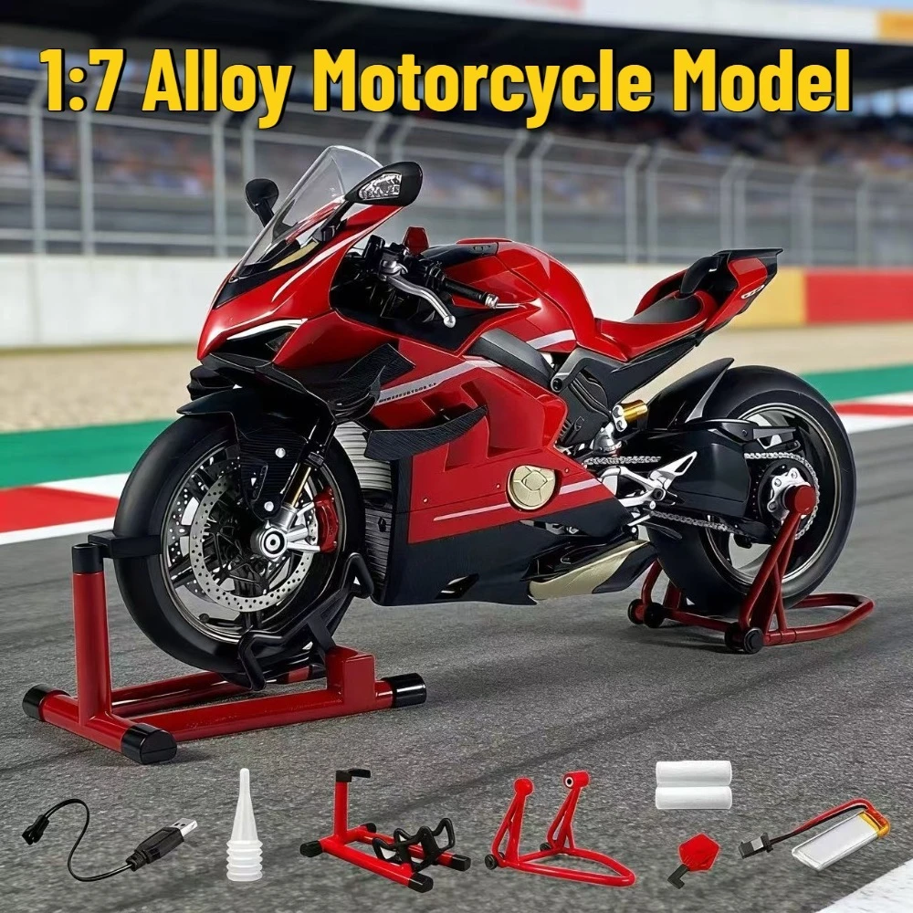 

Модель мотоцикла Ducati Panigale V4 в масштабе 1:7 с эффектом дыма при зажигании двигателя, из сплава, большая декоративная модель, подарок на день рождения для мужчин.