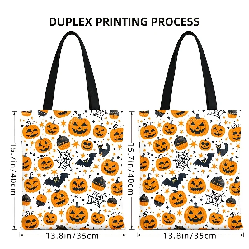 Halloween Pumpkin Canvas Tote Bag Cartoon Jack‑o‑lantern Bat Black Cat Spider Web Print Reusable Large Shoulder Shopping Handbag