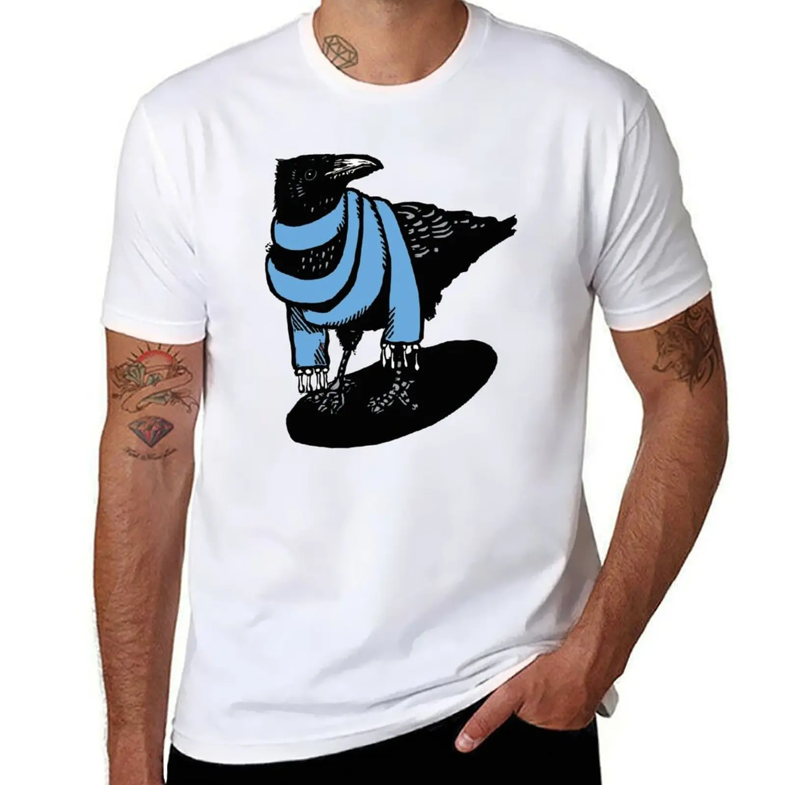 

Sky Blue Scarfed crow T-Shirt t shirt custom print t shirt man casual t shirts for man slim fit T-shirt