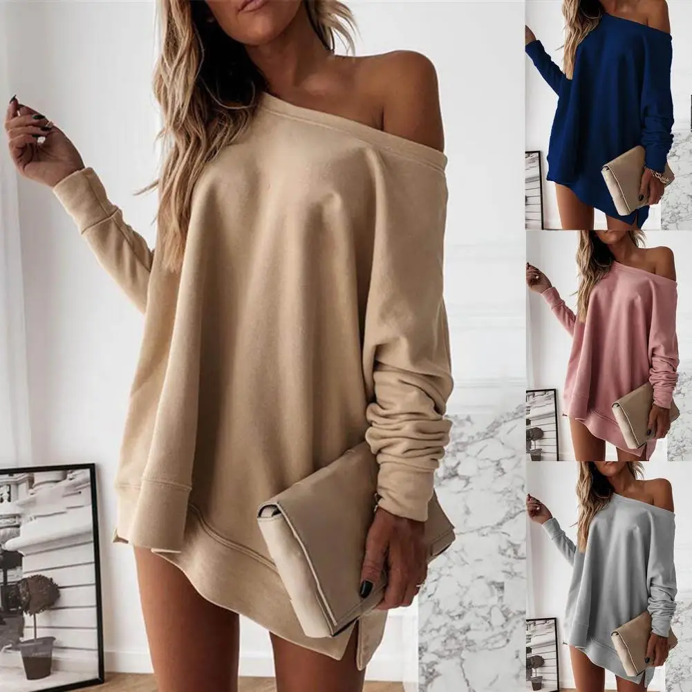 Streetwear  Chic One Off Shoulder Long Sleeve Sweatshirt Warm Oversized Sweatshirt Pure Color   for Daily Life