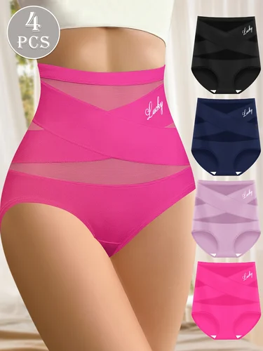 4 Uds. Bragas sexis multicolores de cintura alta para mujer, ropa interior con Control de barriga, bragas para mujer