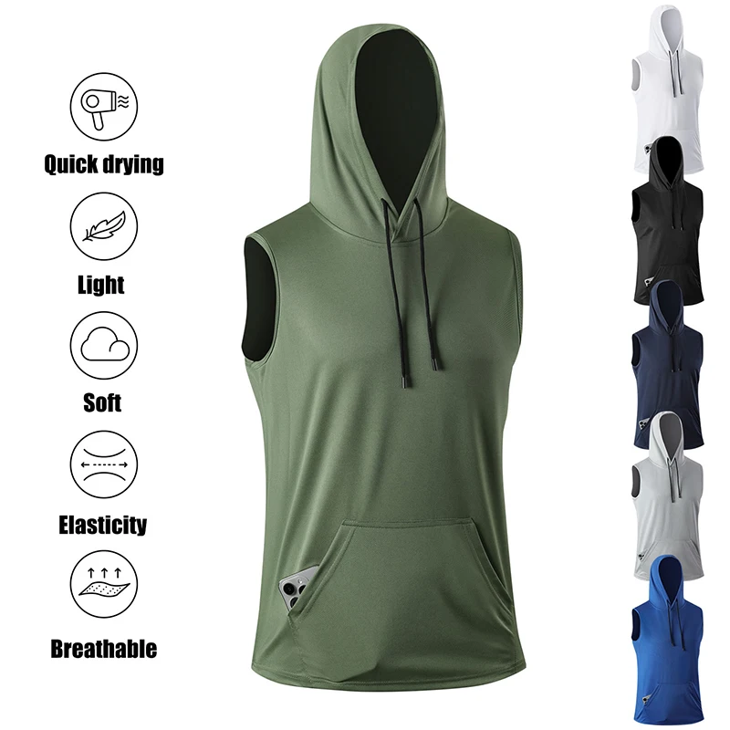 Summer Hooded Sports Vest Men's Running Training Loose Breathable Quick-Drying Vest Men Fitness Hiking Sleeveless Tank Top