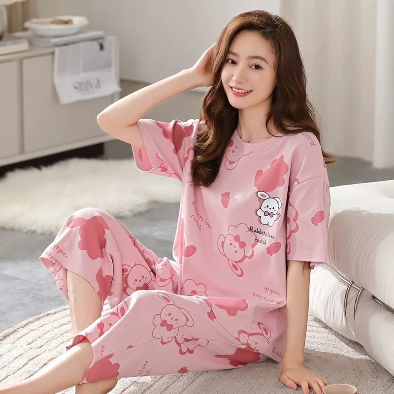 Women\'s Pajamas Loungewear Set New Women\'s Summer Short Sleeve Cropped Pants Fat Ladies Plus Size Loose Summer Loungewear