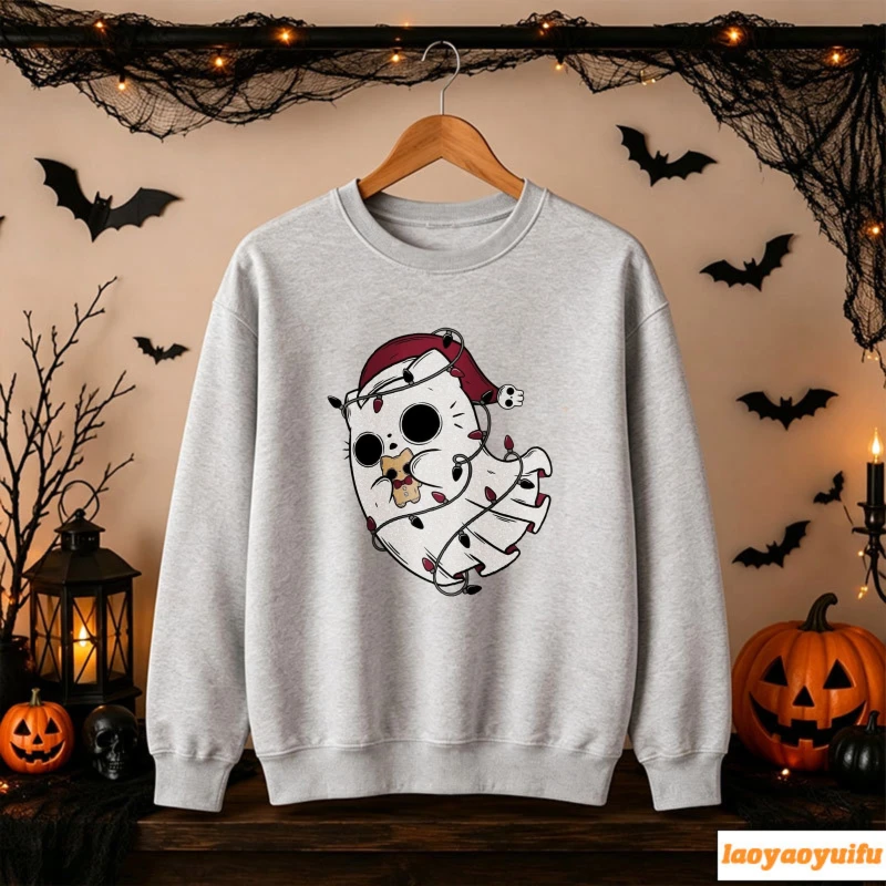 Spooky Cute Ghost Cat with Santa Hat Chewing Gingerbread Man Tangled Xmas String Lights Skull Accent Cartoon Graphic Pullover