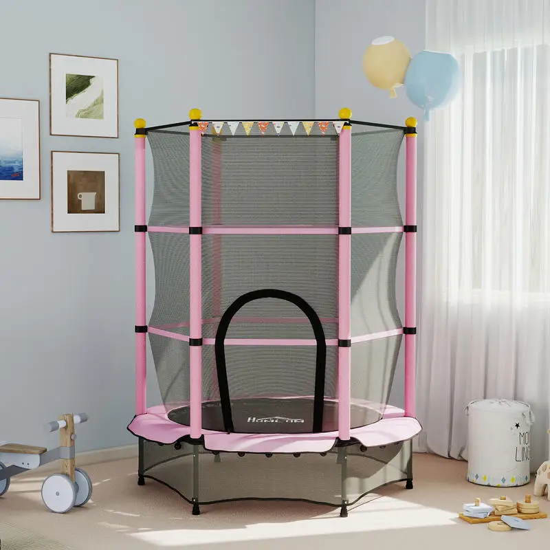 Trampolin, 1,40 x 1,90 Meter, Sicherheitsnetz, Reißverschlussklappe, Federungsschutz, inklusive 6 gepolsterten Pfosten, rosa, Outdoor-Trampolin, Garten-Trampolin, Freizeit-Trampolin, geeignet für den