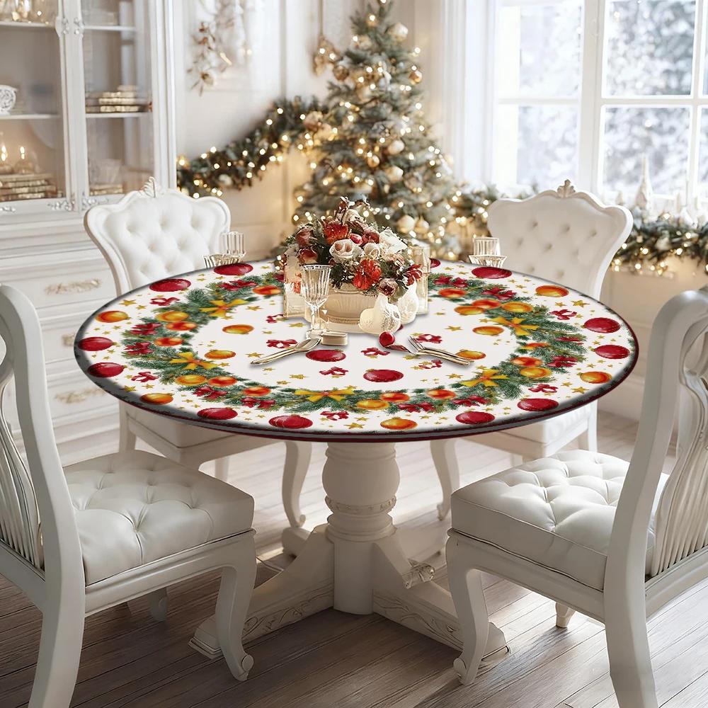 

Christmas Wreath and Ornament Pattern Christmas Decor Elastic Tablecloth, Polyester Material, Suitable for New Year Family Gathe