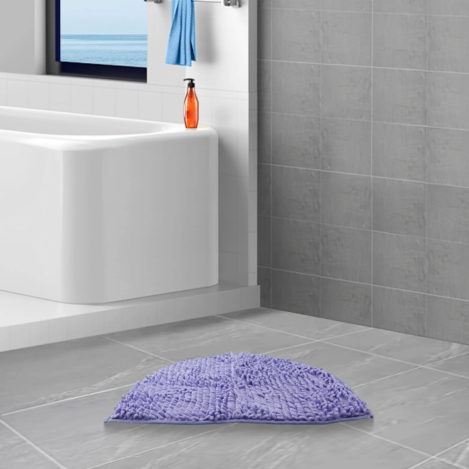 Bathroom Floor Bath Mat with Absorbent Chenille Top and Non Slip Base Semicircular Half Round Design for Shower Use