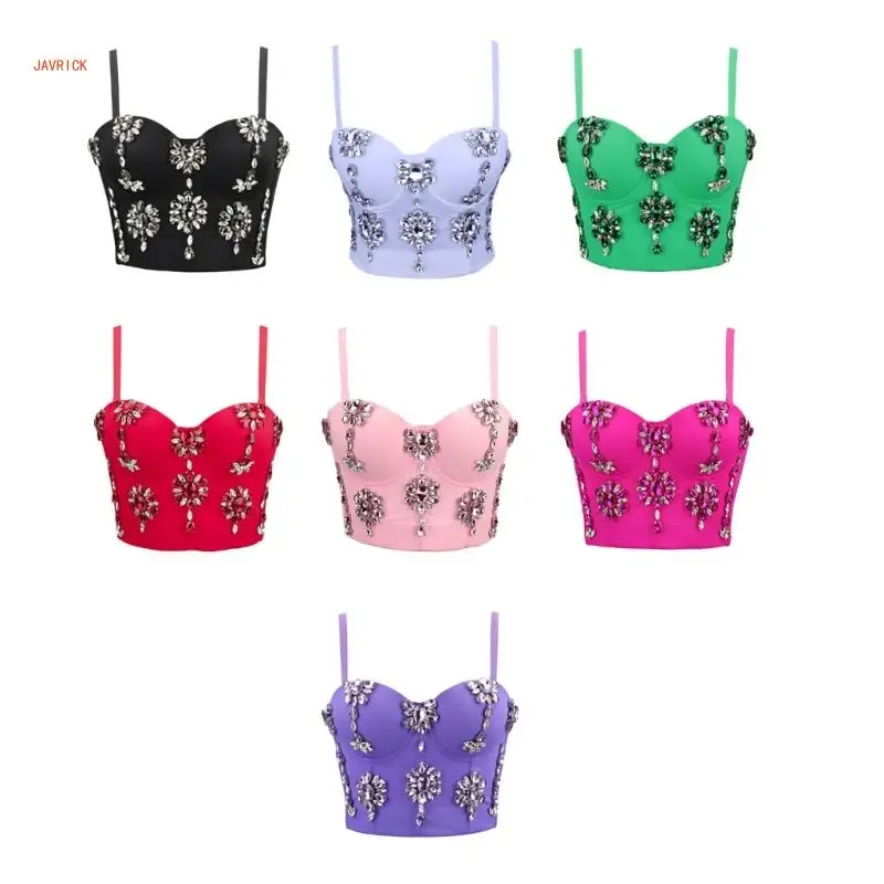 Women's Sleeveless Crop Tops Corset Bustier Bra Push Up Top Rhinestones Camisole Polyester Lingerie for Evening Parties