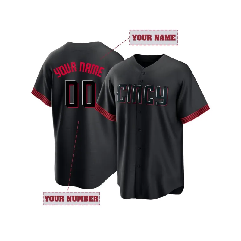 Customized Name And Number Men's Embroidery Baseball Jersey Cincinnati Black V-Neck Personalized Short Sleeve Button Down Shirts