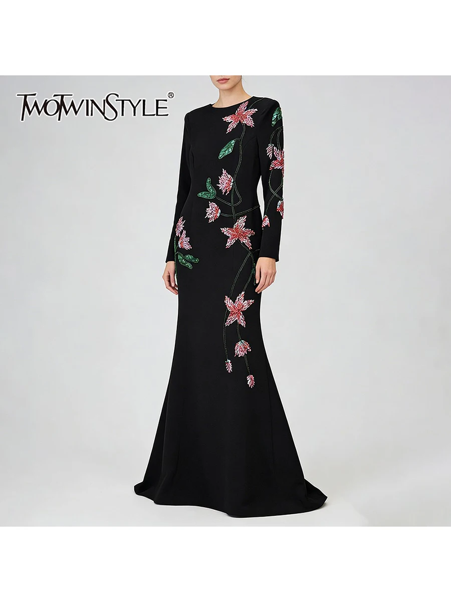 TWOTWINSTYLE Luxurius Slimming Spliced Beading Trailing Dresses for Women Round Neck Long Sleeves Tunic Temperament Dress Female