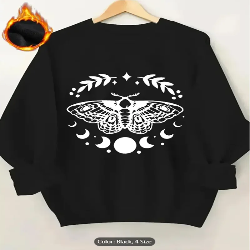

Womens Sweatshirt Moth Moon Phase Graphic Print Fleece Lined Casual Oversized Pullover Top for Mystical Style Lovers Pure Cotton
