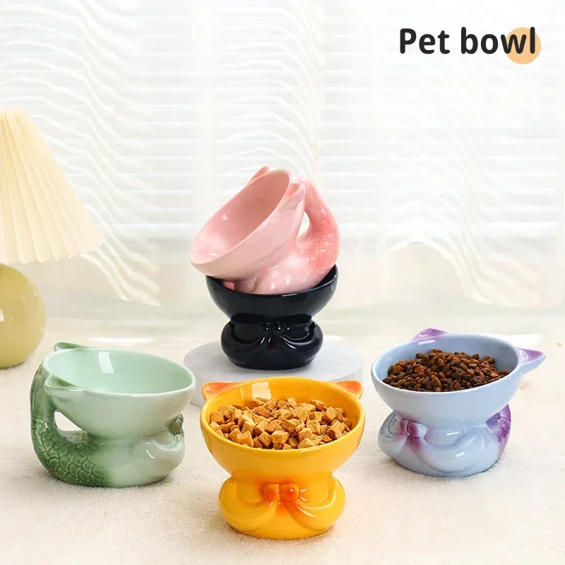 

Flower Cat Bowl Ceramic Anti Knock Slanted Mouth To Protect The Neck Large Capacity Small Dog Bowls Animal Cartoon Pet Food Bowl