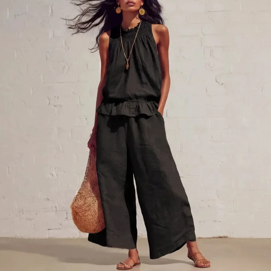 Casual Sleeveless Set with Full Length Long Pants T Shirt Top Fresh and Sweet No Pattern Spring Summer Autumn Women Sets