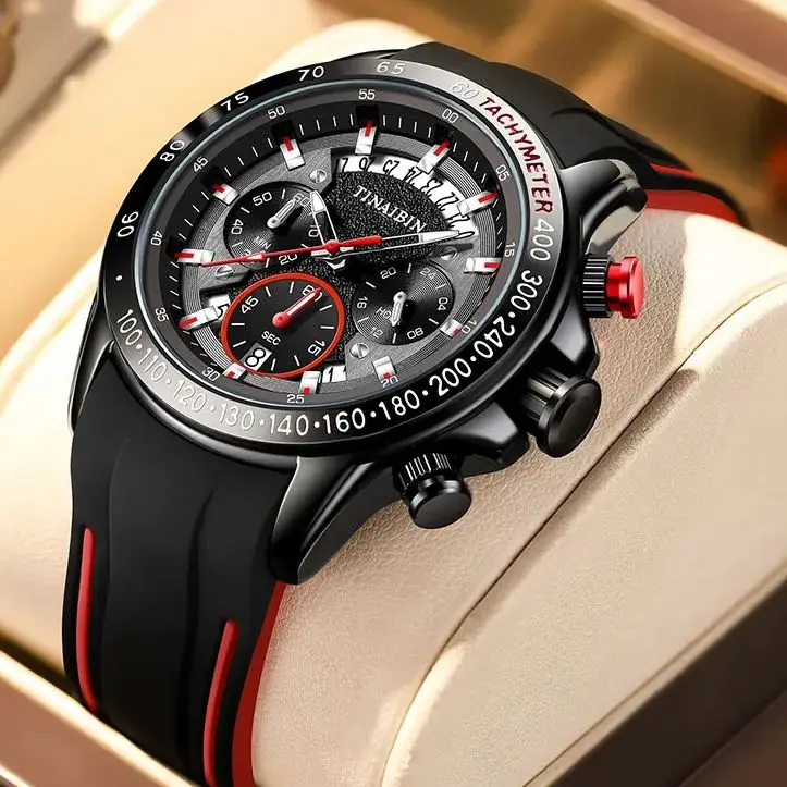 

Sport Red Silicone Chronograph Quartz Luxury Wrist Watch Men's Clock Date Luminous Hands 0091 TINAIBIN