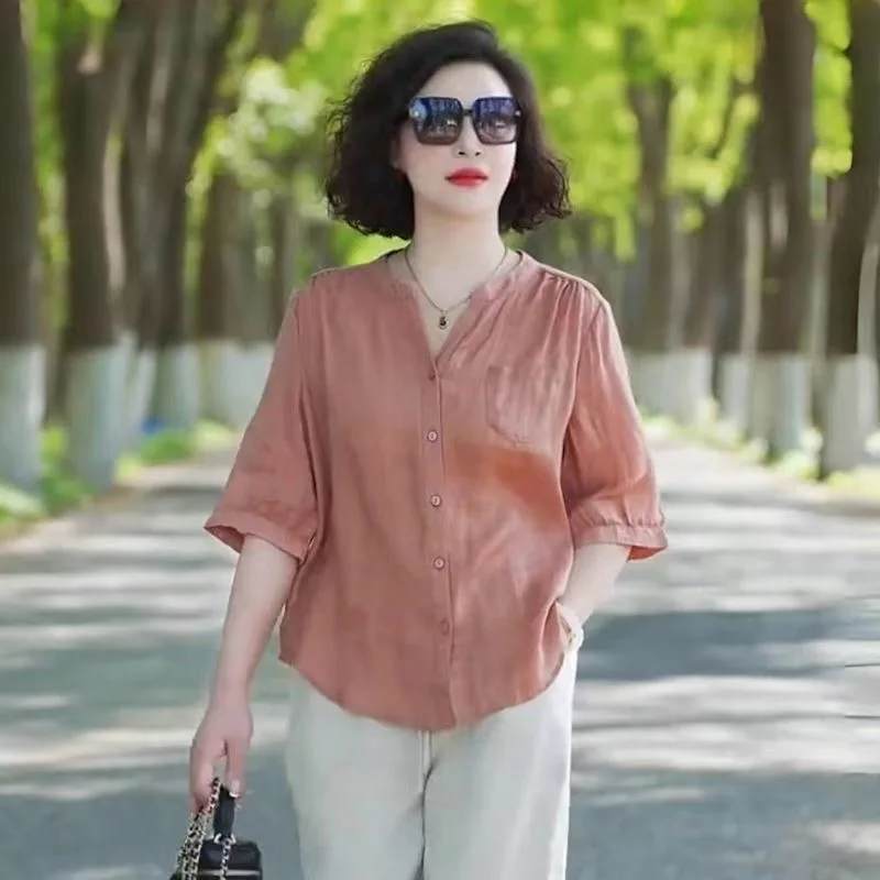 

plus Size Women's Shirt Stylish Summer New Arrival Thin Short Sleeve V-Neck Button up Casual Fashion Outerwear Top