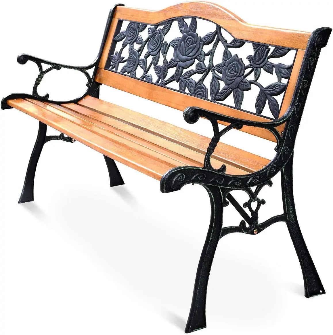 

Outdoor Garden Bench Patio Seat With Rose Cast Backrest Weather Proof Durable Easy To Assemble