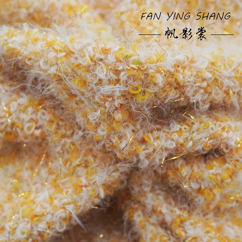 Sunset‑Gold Loop Tweed Fabric, Yellow‑White Fuzzy Textured Tweed with Gold Metal‑Yarn for Coat & Suit DIY Sewing, Sold By Yard