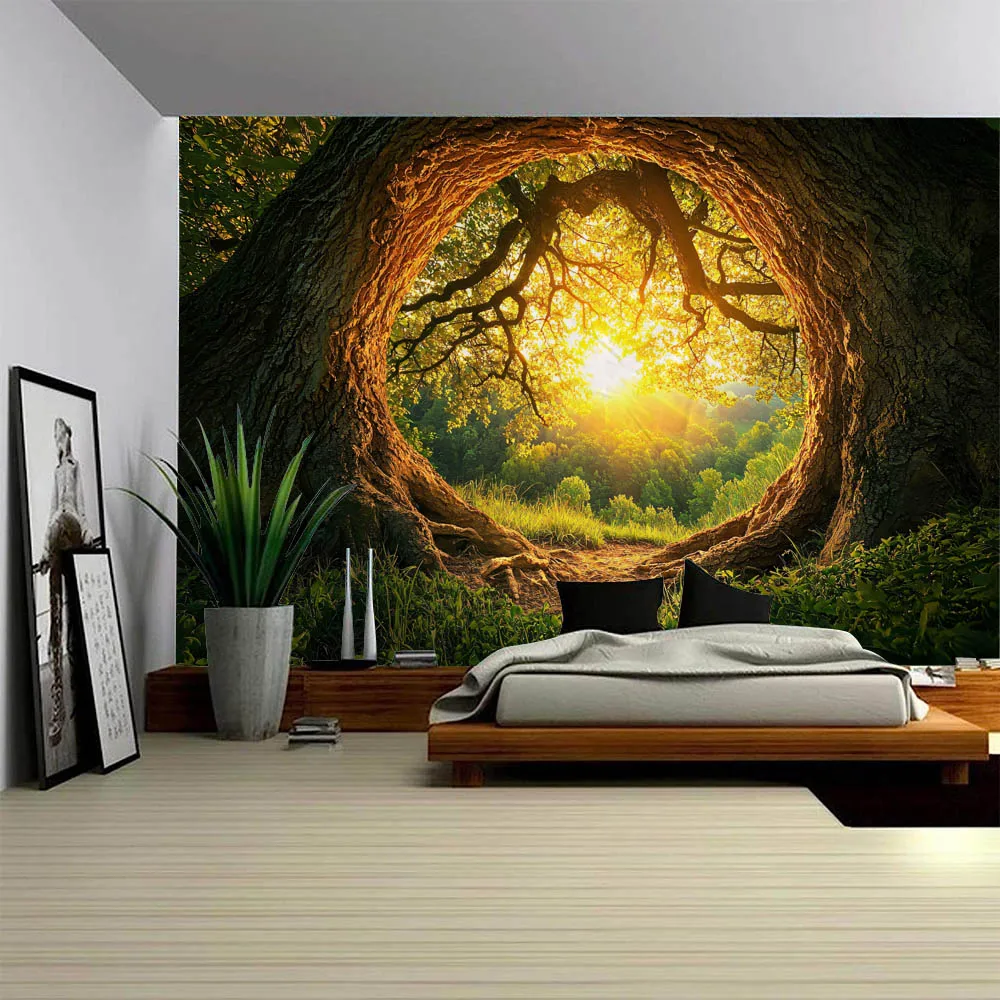 Bohemian Tree Cave Landscape Tapestry Forest Waterfall Wall Fabric Mural for Home Dormitory Office Decorative Background Poster