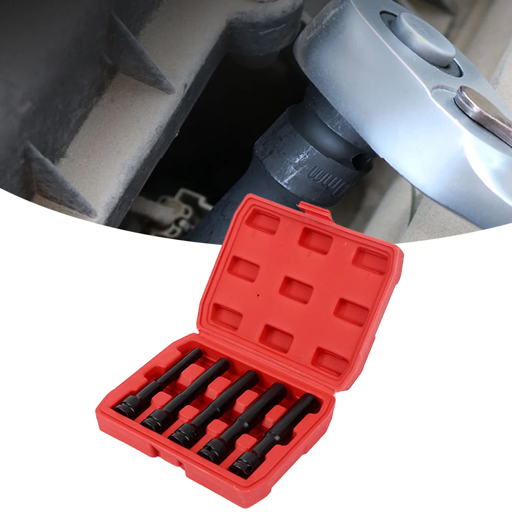 Extended Hex Socket Set Black Finish 9pcs for 1/2 inch Electric Wrenches Includes 7 Sizes 1 Extension Bar 1 Joint Socket