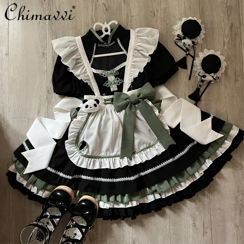 Original Lolita Maid Dress Summer New Chinese Style Women Cute Girls Short Sleeve Bucket Op Dress with Apron Leg Warmer Outfits