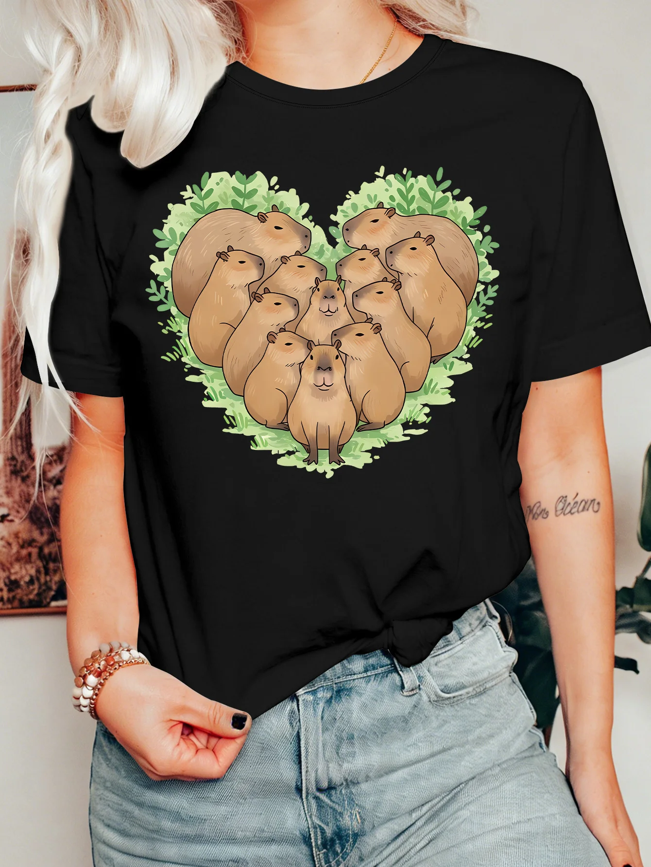 Cute Heart Shaped Capybara Group Womens T Shirt Lovely Rodent Animal Green Foliage Graphic Tee Short Sleeve Casual Ladies Tops