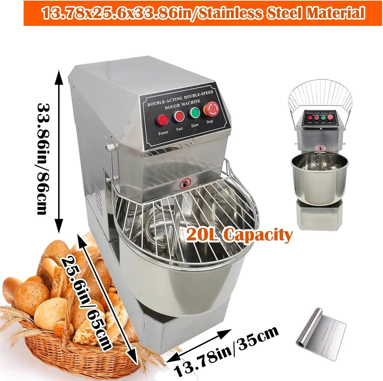 Mixer Adonan Listrik Komersial 20QT Mesin Pencampur Tepung Berdiri Blender Adonan Baja Tahan Karat Spiral Kecepatan Ganda Aksi Ganda