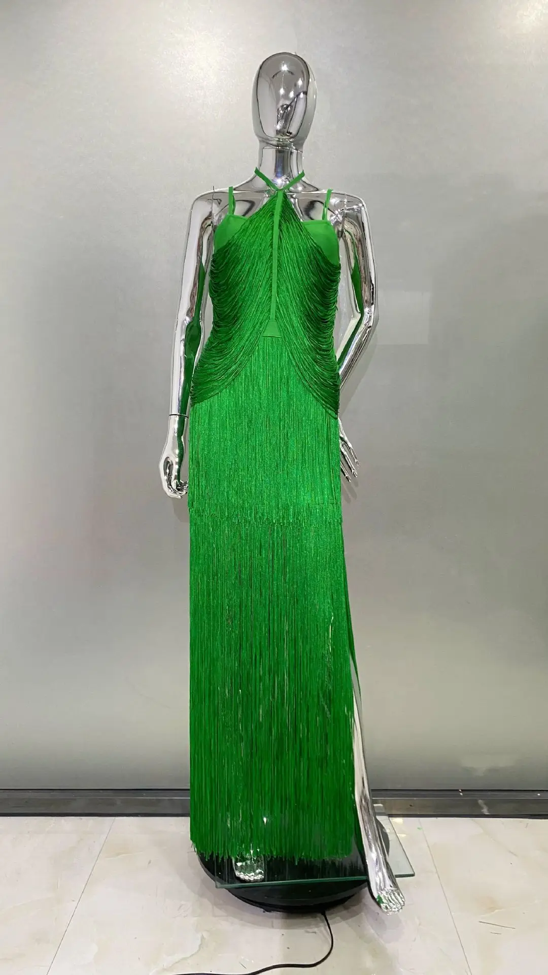 

Fashion Design Green Fringe Sleeveless Waist-Cinching Strap Dress for Socialite Party Stage Performance Dress