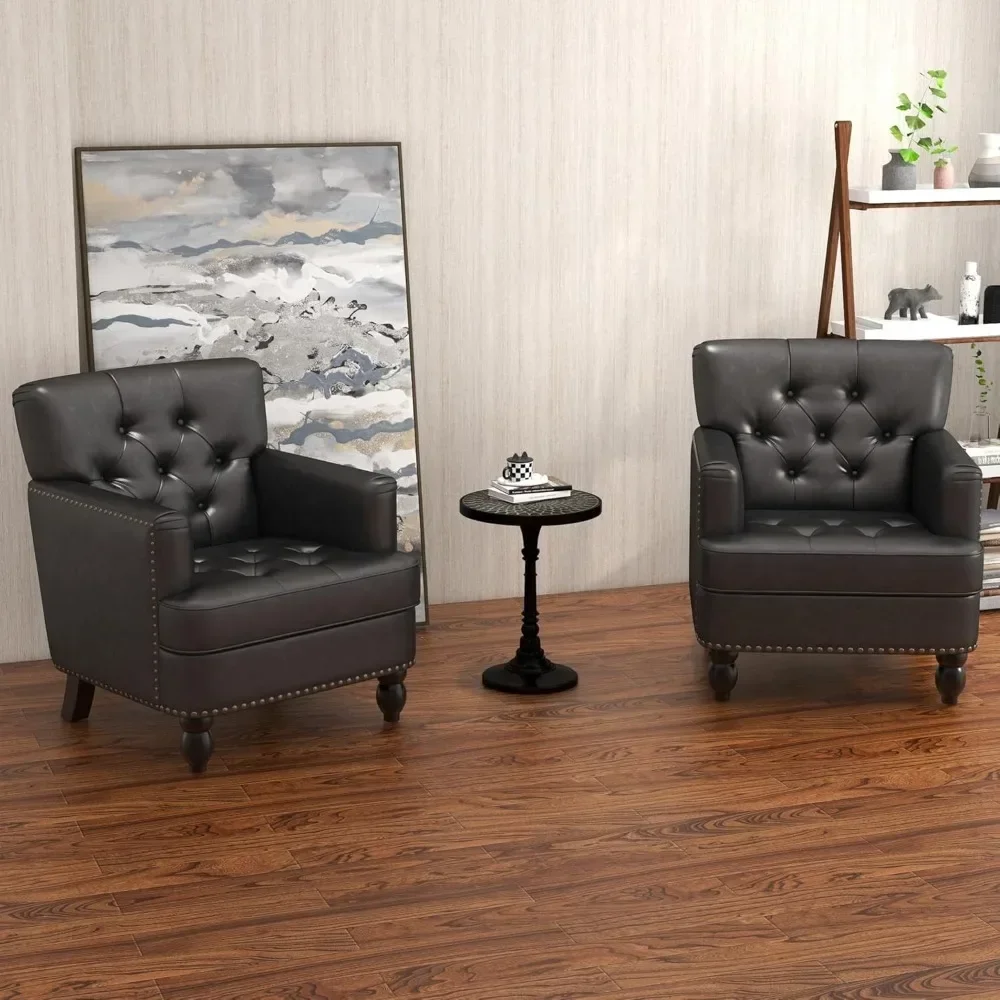 Living Room Chair Set of 2, Upholstered Button Tufted Armchairs Club Reading Chairs, Faux Leather Accent Chair