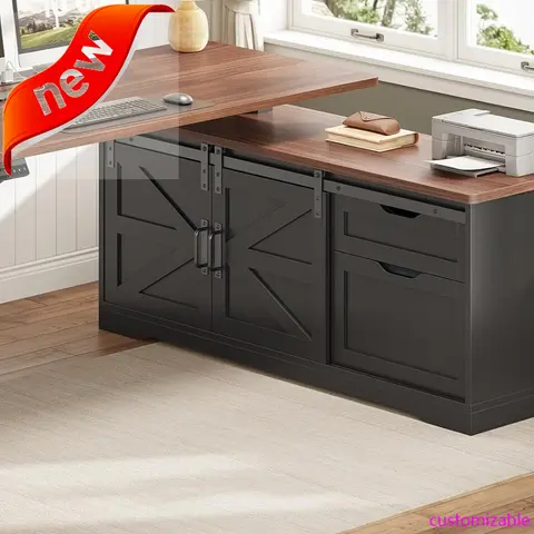 New-Farmhouse L Shaped Standing Desk, 55 inch Height Adjustable Corner Desk with Storage Drawers, Standing Computer Desks